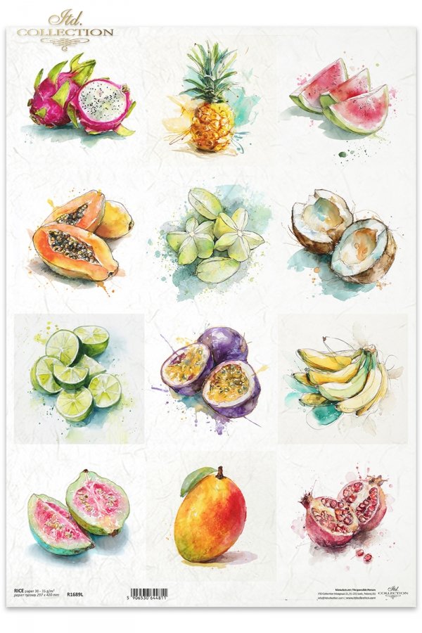 marakuja, arbuz, pitaja, papaja, granat, guawa, akwarela, limonka, ananas, kokos, karambola, banan, mango