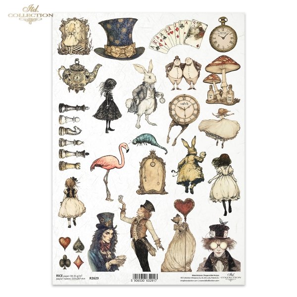 Baśniowe elementy, szachy, Alicja, dziewczynka, Kapelusznik, symbole kart, Biały Królik, kapelusz, karty, zegarek, filiżanka, flaming, gąsienica*Fairy tale elements, chess, Alice, girl, Hatter, card symbols, White Rabbit, hat, cards, watch, cup, flamingo,