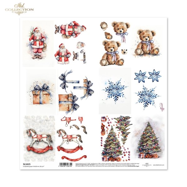 Święty Mikołaj, konik na biegunach, miś, śnieżynka, prezent, choinka, elementy do wycinania, 3d effect*Father Christmas, rocking horse, teddy bear, snowflake, gift, Christmas tree, cut-outs
