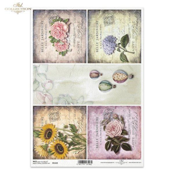 kwiaty, retro, balony na gorące powietrze, róża, róże, hortensja, hortensje, słoneczniki, retro tło, tła, stare pocztówki, carte postale, flowers, hot air balloons, roses, hydrangeas, sunflowers, retro backgrounds