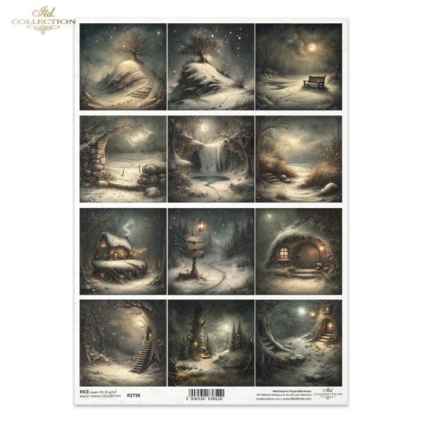 Mouse World - Winter Journey * Świat Myszek - Zimowa Wyprawa - domki, nory, drogowskaz Zima, śnieg, mróz, noc, krajobraz, pejzaż, ilustracje, fantasy, baśniowe, magiczne, księżyc, gwiazdy, drzewa, wzgórze, schody, nagi, ławka, kamienie, łuk, wodospad, tra