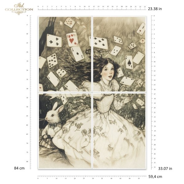 Papier morwowy decoupage FPA1026 seria Czary Alicji - Alicja, karty, Biały Królik, baśniowe kompozycje* Mulberry decoupage paper FPA1026 Alice's Magic series - Alice, cards, White Rabbit, fairy-tale compositions* Papel decoupage morera FPA1026 Serie Magi