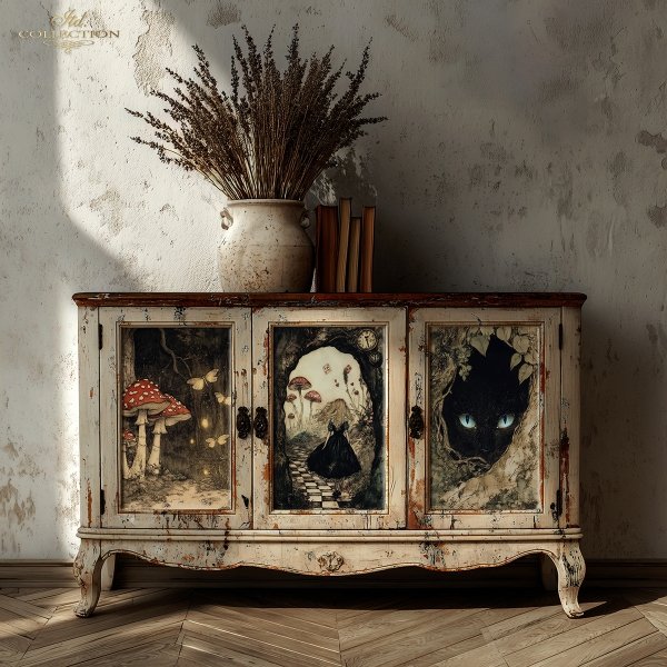 Papier morwowy decoupage FPA3014 seria Czary Alicji - Alicja, karty, szachy, grzyby, muchomory, kot, oczy kota, mroczny las,   świetliki, baśniowe kompozycje
