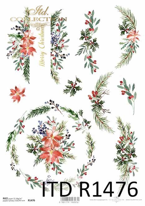 Boże Narodzenie, świąteczne kompozycje kwiatowe, napisy*Christmas, Christmas floral compositions, inscriptions