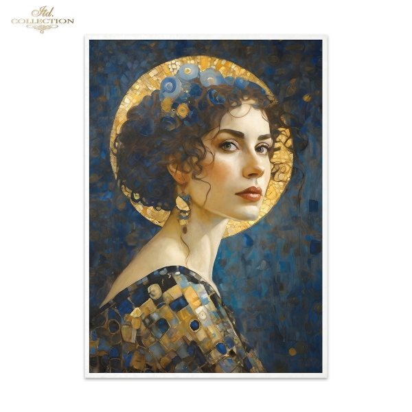 Papier decoupage morwowy FPA3002, Seria Inspired by Klimt, kobiety, zloto, dekoracyjne wzory, kamienie szlachetne, mozaiki, motywy secesyjne * Mulberry decoupage paper FPA3002, women, gold, decorative patterns, gemstones, mosaics, Art Nouveau motifs *Pape