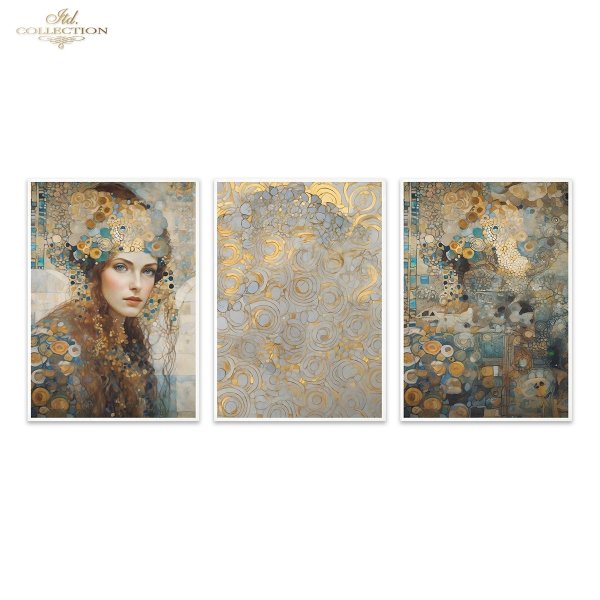 Papier decoupage morwowy FPA3004, Seria Inspired by Klimt, kobiety, zloto, dekoracyjne wzory, kamienie szlachetne, mozaiki, motywy secesyjne * Mulberry decoupage paper FPA3004, women, gold, decorative patterns, gemstones, mosaics, Art Nouveau motifs *Pape