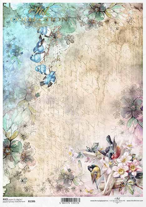 Rice paper R1386 - Paper for decoupage rice * spring, birds, flowers