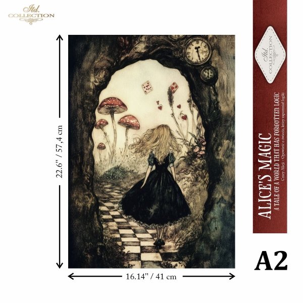 Papier morwowy decoupage FPA2030 seria Czary Alicji - Alicja, karty, szachy, grzyby, baśniowe kompozycje* Mulberry decoupage paper FPA2030 Alice's Magic series - Alice, cards, chess, mushrooms, fairy-tale compositions* Papel decoupage morera FPA2030 Seri