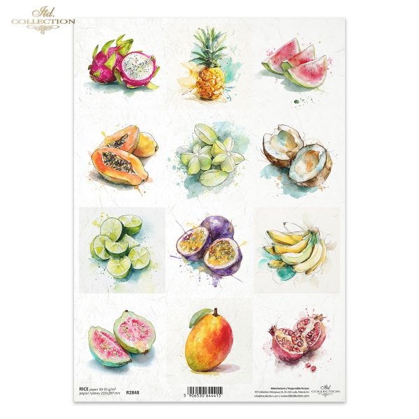 marakuja, arbuz, pitaja, papaja, granat, guawa, akwarela, limonka, ananas, kokos, karambola, banan, mango