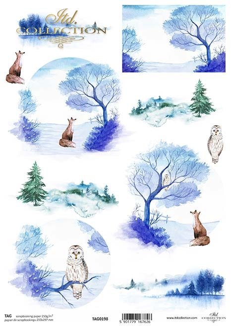 zimowe widoczki z sową i lisem*winter views with owl and fox*Winteransichten mit Eule und Fuchs*vistas invernales con búho y zorro