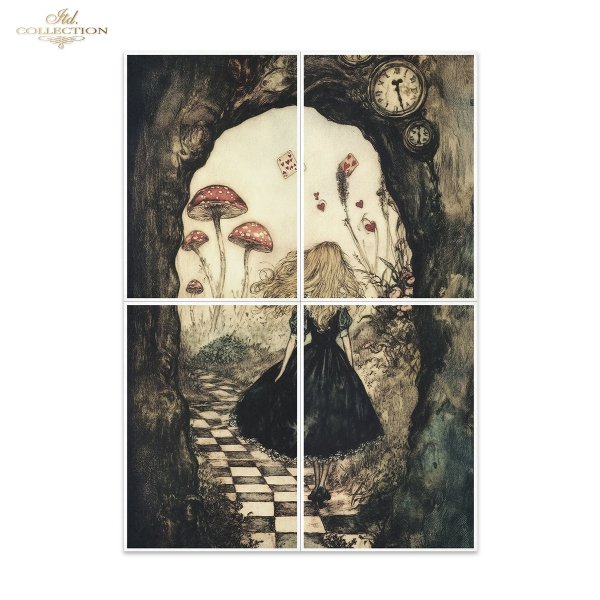 Papier morwowy decoupage FPA1030 seria Czary Alicji - Alicja, karty, szachy, grzyby, baśniowe kompozycje* Mulberry decoupage paper FPA1030 Alice's Magic series - Alice, cards, chess, mushrooms, fairy-tale compositions* Papel decoupage morera FPA1030 Seri