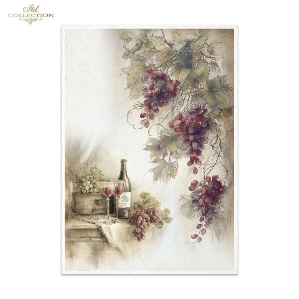Papier decoupage morwowy FPA3023, Seria Toskania - Martwa natura, wino, winogrona, rustykalny styl, tryptyk