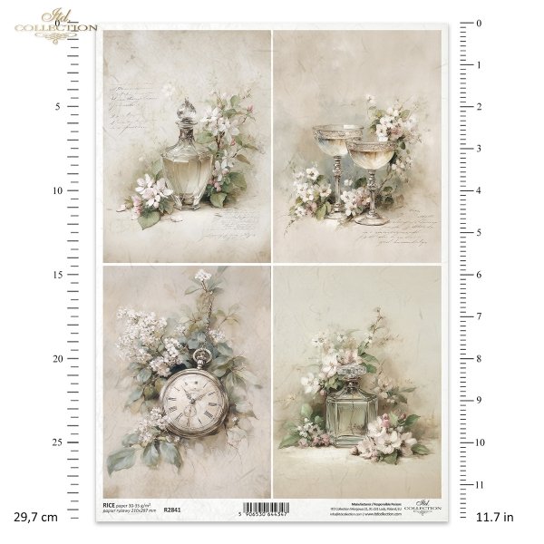 karafka, flakon, kieliszki, zegarek, białe kwiaty, vintage, pastelowe, romantyczne, sepia, martwa natura