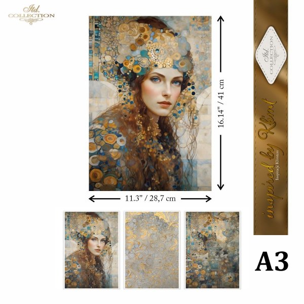 Papier decoupage morwowy FPA3004, Seria Inspired by Klimt, kobiety, zloto, dekoracyjne wzory, kamienie szlachetne, mozaiki, motywy secesyjne * Mulberry decoupage paper FPA3004, women, gold, decorative patterns, gemstones, mosaics, Art Nouveau motifs *Pape