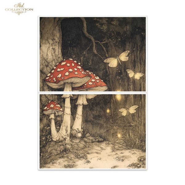 Papier morwowy decoupage FPA2033 seria Czary Alicji - mroczny las, grzyby, muchomory, świetliki, baśniowe kompozycje* Mulberry decoupage paper FPA2033 Alice's Magic series - dark forest, mushrooms, toadstools, fireflies, fairy-tale compositions* Papel de
