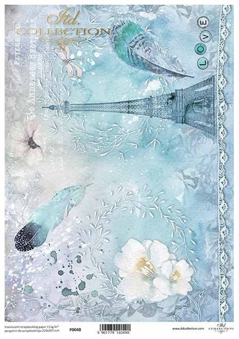 Engel, Uhren, Schmetterling, alte Schrift, Vintage*Papel decoupage con encaje, plumas, Torre Eiffel*Ангелы, часы, бабочка, старое письмо, Vintage