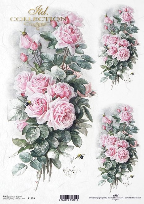 Papel Decoupage Arroz R1209 * Vintage, flores, rosas de color rosa