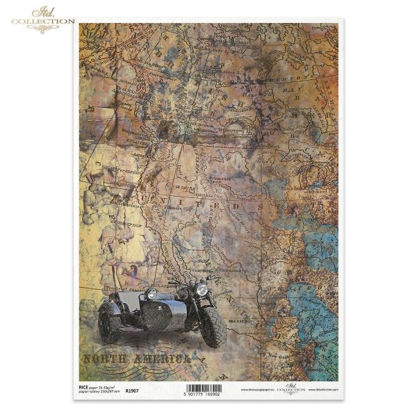 stara mapa, rdza, amerykańskie, amerykański, pojazdy, stare, motocykl z przyczepą, z koszem, motocykle, motory, motoryzacja, silnik, Legendary Route 66, old map, rust, american, vehicles, old, motorbike with trailer, with basket