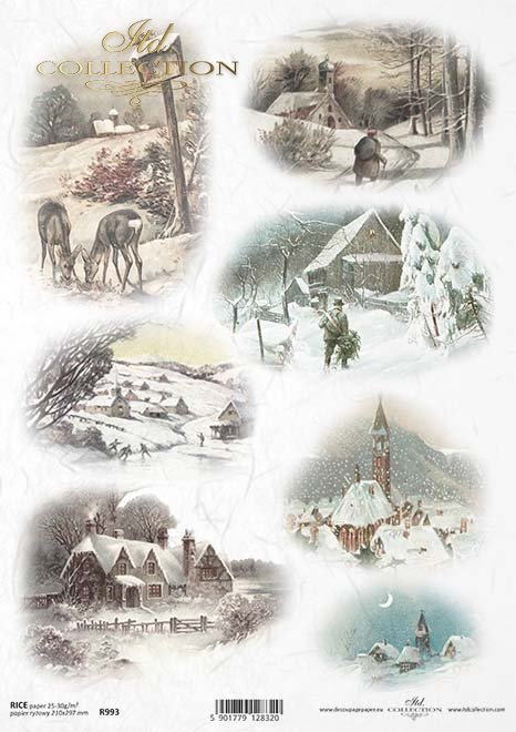 motywy świąteczne, Boże Narodzenie, zima, zimowe obrazki, śnieg, kościół, kościółek, retro, vintage, choinka, sarna, sarenki, R993, christmas theme, Christmas, winter, winter pictures, snow, church,  retro, vintage, Christmas tree, roe deer, Weihnachtsthe