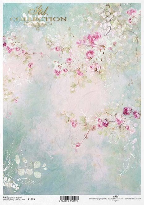 Papel Decoupage Arroz R2031 - Serie In love - Delicados fondos rosas,  azules, morados, beiges, texturas, grietas y hendiduras y a esto pájaros,  flore