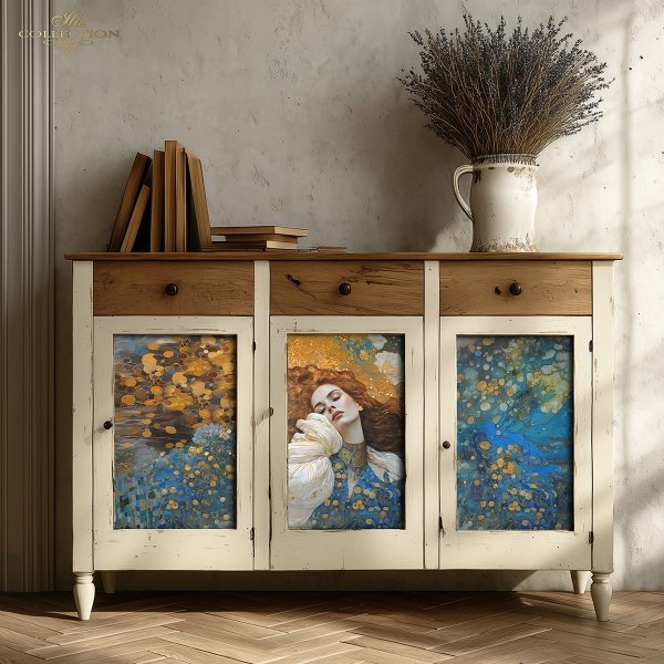 Papier decoupage morwowy FPA3002, Seria Inspired by Klimt, kobiety, zloto, dekoracyjne wzory, kamienie szlachetne, mozaiki, motywy secesyjne * Mulberry decoupage paper FPA3005, women, gold, decorative patterns, gemstones, mosaics, Art Nouveau motifs 