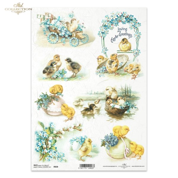 Wielkanoc, tematy wielkanocne, wiosna, kurczaczki, kurczaki, pisklęta, bazie, koszyczki, Vintage, retro, jajka, niezapominajki, R828, Easter, easter themes, spring, chickens, chickadees, chicks, baskets, Vintage, retro, eggs, forget-me-nots, Ostern, Oster