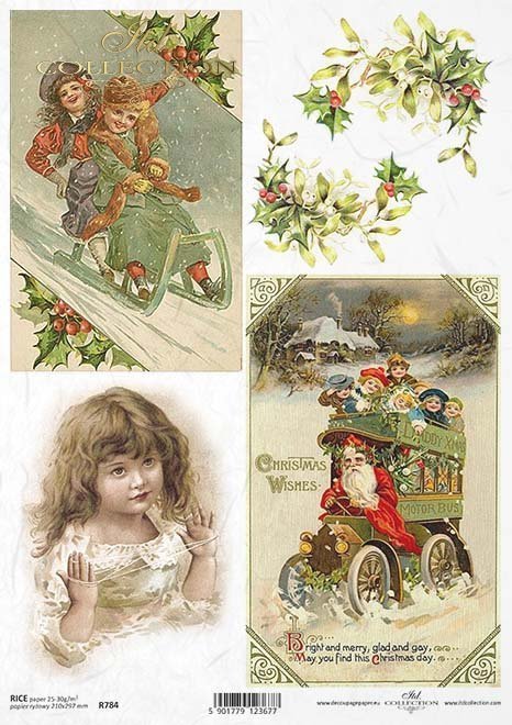 Mikołaj, dekoracje świąteczne, vintage, retro, klimat świąt Bożego Narodzenia, Boże narodzenie, wesołych świąt, jemioła, zima, sanki, zabawa na śniegu, dziecko, dzieci, zimowy obrazek, R784, Santa Claus, Christmas decorations, vintage, retro, Christmas at