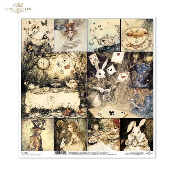 Biały Królik, karty, Kapelusznik, Alicja, motyle, filiżanki, stół z zastawą stołową*White Rabbit, cards, Hatter, Alice, butterflies, cups, tableware table