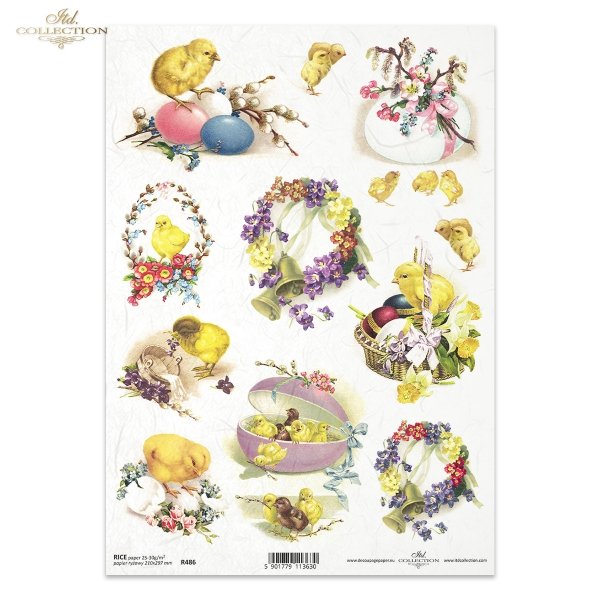 floral wreaths, spring, Easter, spring motifs, Easter motifs, retro, vintage, countryside, chicks, chickens, eggs, Easter eggs, violets, bells, easter baskets