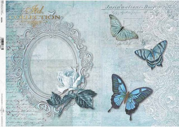 Decoupage Papier mit alten Rahmen, Schmetterlinge, Rose, Vintage*Papel decoupage con marco antiguo, mariposas, rosa, vintage*Декупаж бумага со старой рамкой, бабочки, роза, винтаж