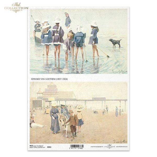 motywy marynistyczne, strój marynarski, lato, wakacje, dziecko, dzieci, kobieta, kobiety, strój marynarski, morze, plaża, zabawa na plaży, retro, Edward van Goethem, R953, maritime motifs, sailor's outfit, summer, holiday, child, woman, women, sailor's 