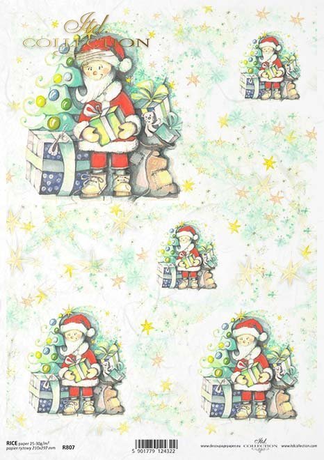 Mikołaj, Mikołajek, choinka, prezenty, Boże Narodzenie, gwiazdki, gwiazdy, śnieżynki, kolorowe tło, świąteczne tła, pastel, grafika Dorota Marciniak, R807, Santa Claus, Christmas tree, presents, Christmas, stars, snowflakes, colourful background, Christma