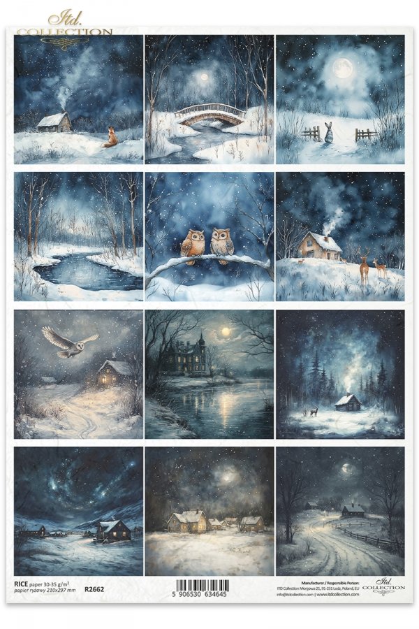 krajobraz nocą, widoczki, zimowa sceneria, sowa, lis, królik, domek, gwiazdy na niebie*landscape at night, views, winter scenery, owl, fox, rabbit, house, stars in the sky*Landschaft bei Nacht, Ansichten, Winterlandschaft, Eule, Fuchs, Kaninchen, Haus, St