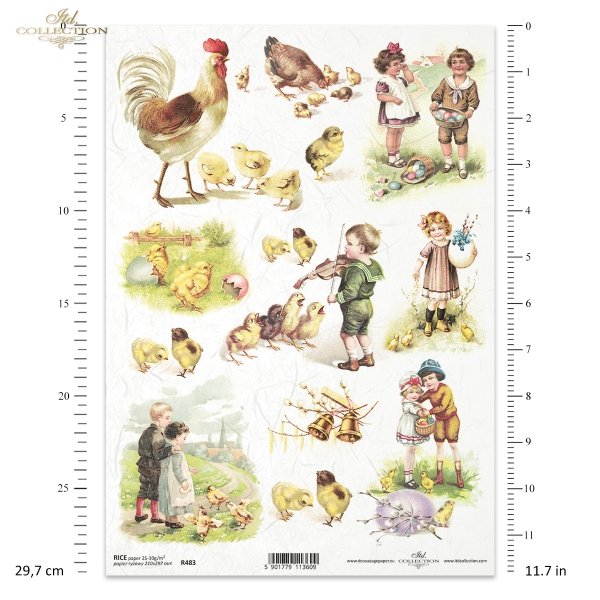 świąteczny, na Wielkanoc, wiosna, Wielkanoc, motywy wiosenne, motywy wielkanocne, retro, vintage, dzieci, wieś, kury, kogut, pisklęta, pisklaki, kurczaki, chór kurczaków, chłopiec gra na skrzypcach,
