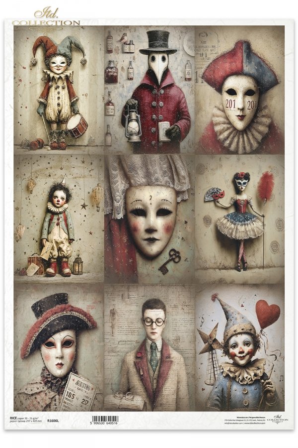 karnawał, maskarada, maski, arlekin, commedia dell’arte, cyrk, teatr, vintage, retro, melancholia, tajemnica, noc, papier postarzany, faktury, kolaż, postacie teatralne, Arlekin, Kolombina, Pulcinella (Pulcinela), Pantalone, Doktor, Kapitan, Brighella, Pi