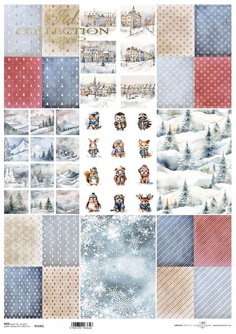 motywy tapetowe, wzorki, romby, paski, śnieżynki, choinki, widoczki, budynki, zwierzaki w zimowych strojach*wallpaper motifs, patterns, rhombuses, stripes, snowflakes, Christmas trees, views, buildings, animals in winter outfits*Tapetenmotive, Muster, Rau