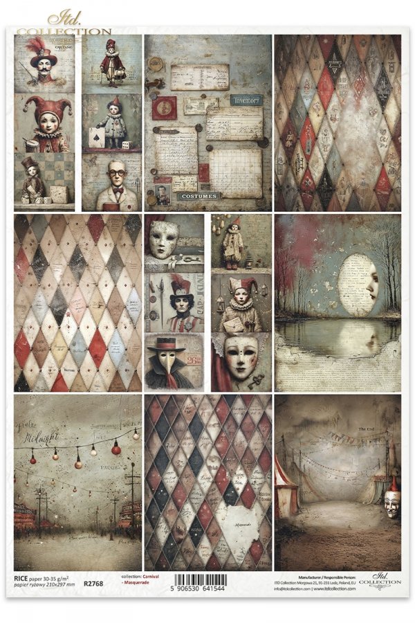 Carnival - Masquerade * Karnawał - Masquerade - karnawał, maskarada, maski, arlekin, commedia dell’arte, cyrk, teatr, vintage, retro, melancholia, tajemnica, noc, papier postarzany, faktury, kolaż, postacie teatralne, Arlekin, Kolombina, Pulcinella (Pulci