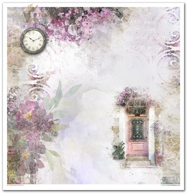 Garden of Dreams-Ogród marzeń, letnie kwiaty, kwiatki do wycinania, furtka do ogrodu, motyle, cytaty, dzbanek z bukietem, zegar, drzewko oliwne, kawiarenka