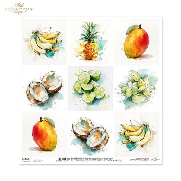 Limonka, ananas, kokos, karambola, banan, mango, akwarela*lime, pineapple, coconut, star fruit, banana, mango, watercolor