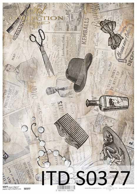 papier decoupage Vintage, stara gazeta, fryzjerskie akcesoria*vintage decoupage paper, old newspaper, hairdressing accessories