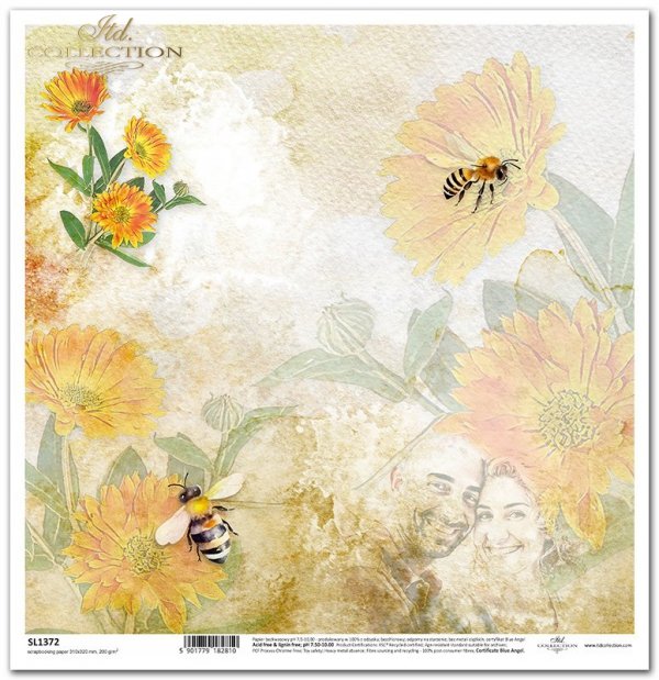 Summer Love Story - akwarelowe tło, kwiaty, owady, nagietek, pszczoły, zakochana para*watercolour background, flowers, insects, marigolds, bees, couple in love