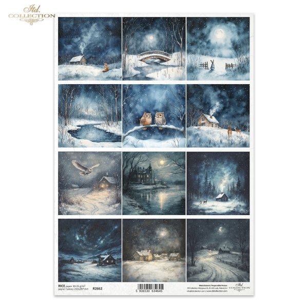 krajobraz nocą, widoczki, zimowa sceneria, sowa, lis, królik, domek, gwiazdy na niebie*landscape at night, views, winter scenery, owl, fox, rabbit, house, stars in the sky*Landschaft bei Nacht, Ansichten, Winterlandschaft, Eule, Fuchs, Kaninchen, Haus, St