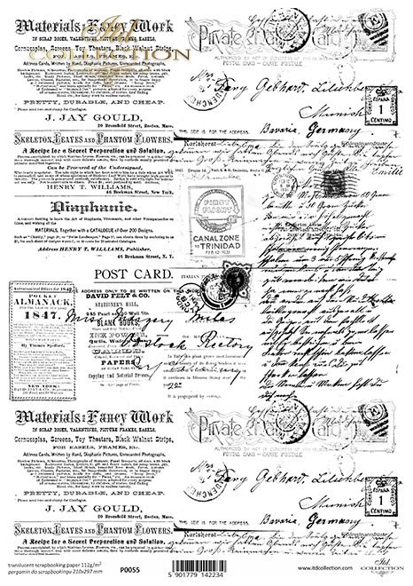 Pergamin do scrapbookingu; czarne elementy, retro, Vintage, stare pismo, gazeta, kartka pocztowa, pocztówka, stempel