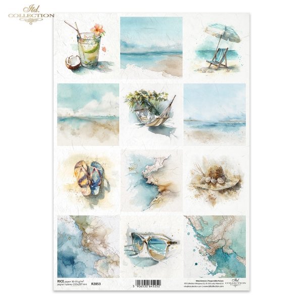 abstrakcja, marmur, alkohol ink, złote żyłki, morze, plaża, wybrzeże, horyzont, pejzaż, akwarela, japonki, klapki, kapelusz, muszle, okulary przeciwsłoneczne, drink, kokos, hamak, leżak, parasol plażowy