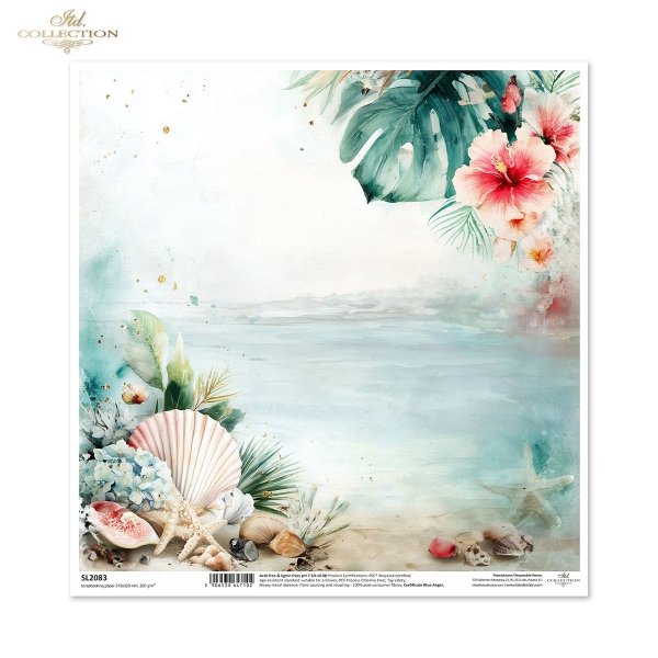 plaża, morze, ocean, tło, muszle, rozgwiazdy, kwiaty, hibiskus, hortensja, liście tropikalne, monstera, palmy, wybrzeże, piasek, egzotyczny, złote plamki, akwarela