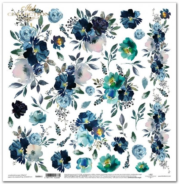 Seria Sekrety - Dolina Elfów. Niebieskie akwarelowe kwiaty, granatowo-turkusowe kwiaty, kwiaty do wycinania, kompozycje kwiatowe