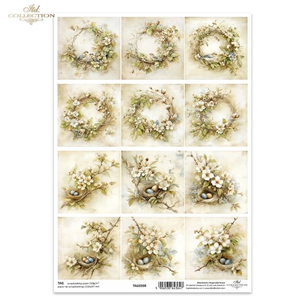 wianki, ptaki, gniazda, jajka, kwiaty jabłoni, styl vintage, pastelowe kolory, motywy wiosenne, akwarela