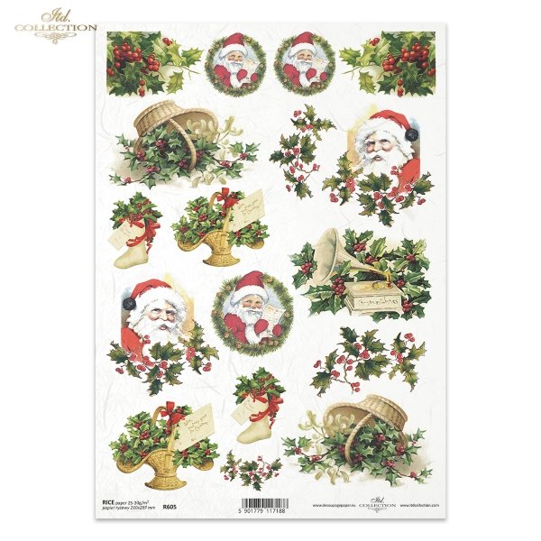 uśmiechnięty, Święty Mikołaj, ostrokrzew, święta, Boże Narodzenie, zima, koszyk, patefon, gramofon, R605, Christmas motifs, decorations, smile, Santa Claus, holly, Christmas, winter, basket, patefon, turntable, Weihnachten, Winter, lächelnd, Weihnachtsman