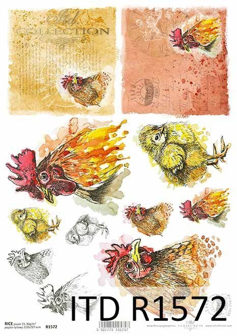 Papier decoupage Wielkanoc, szczęśliwa farma, kury, kurczaczki, koguty*Easter decoupage paper, happy farm, hens, chicken, roosters