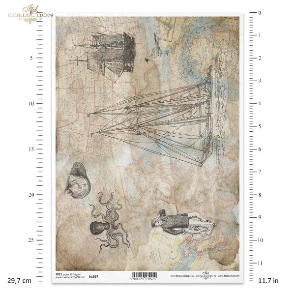 maritime theme, old newspaper, map, sailing ship, boats, octopus, sailor, maritime motifs, sea, nautical, maritimes Thema, alte Zeitung, Karte, Segelschiff, Segelboote, Krake, Seemann, maritime Motive, Meer, nautisch